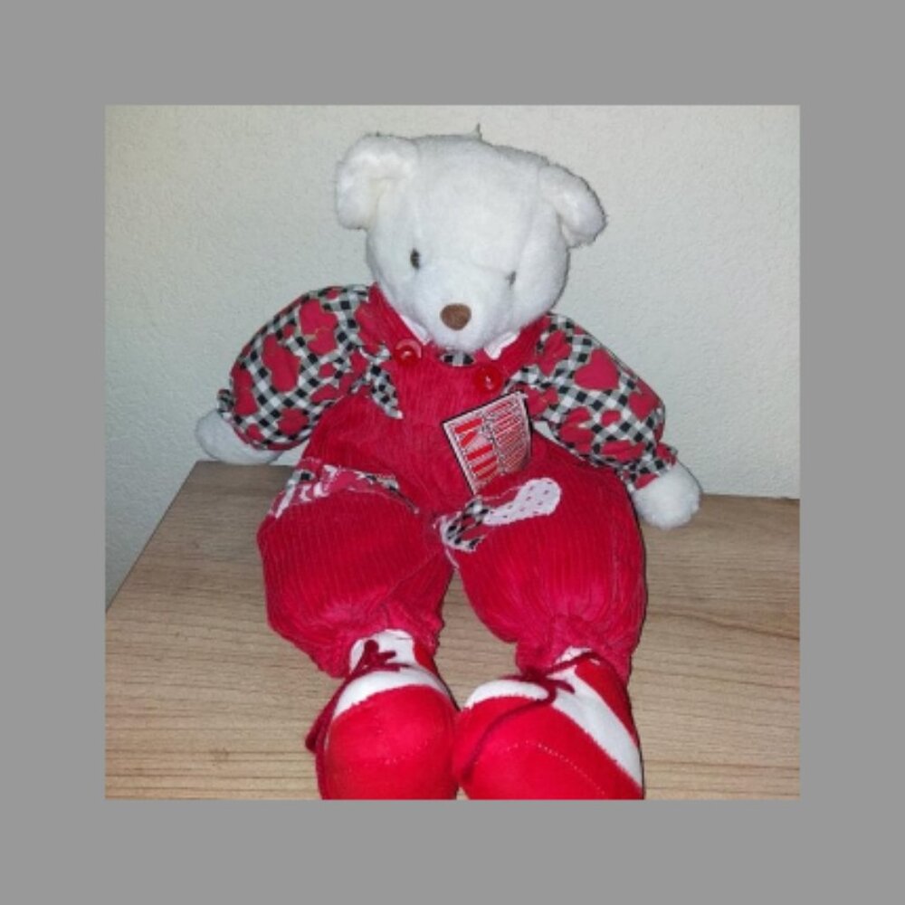 VINTAGE 1997 JOELSON INDUSTRIES WHITE BEAR RED HEARTS OUTFIT PLUSH TOY
